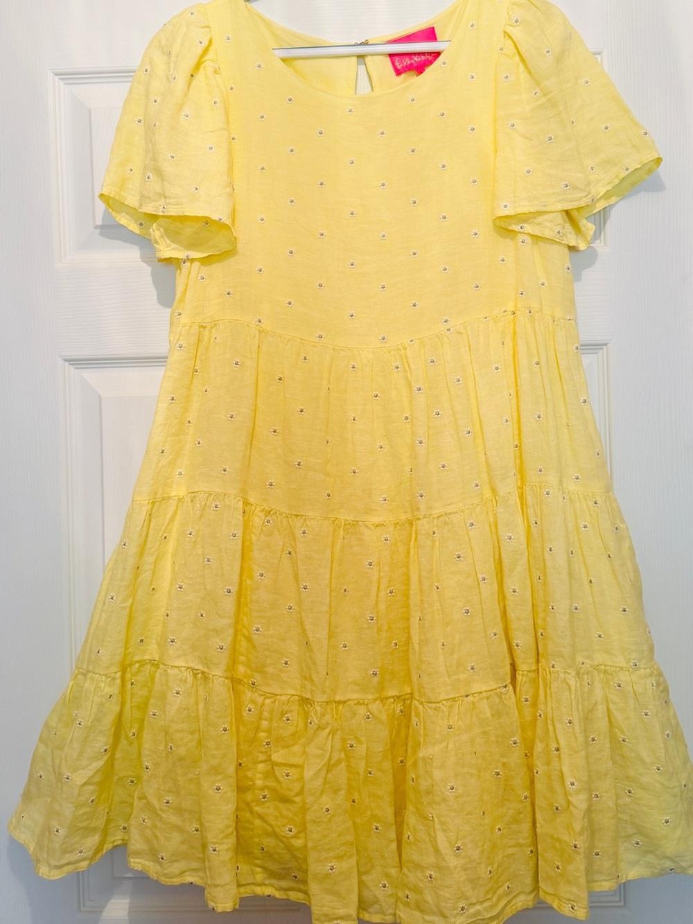 Lilly Pulitzer Jocelyn Short Sleeve Embroidered Linen Dress in Finch Yellow.